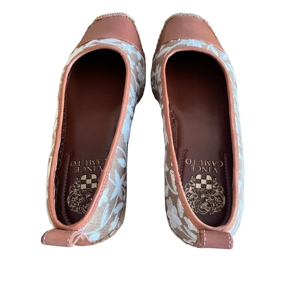 Vince Camuto Women Espadrille Flats‎ Embroidered Floral Square Toe Tan Brown 6.5